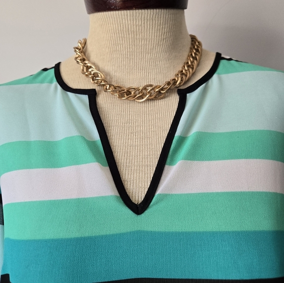 Michael Kors Semi Sheer Green, White And Black Striped Tunic Blouse. Size Small - Picture 9 of 13